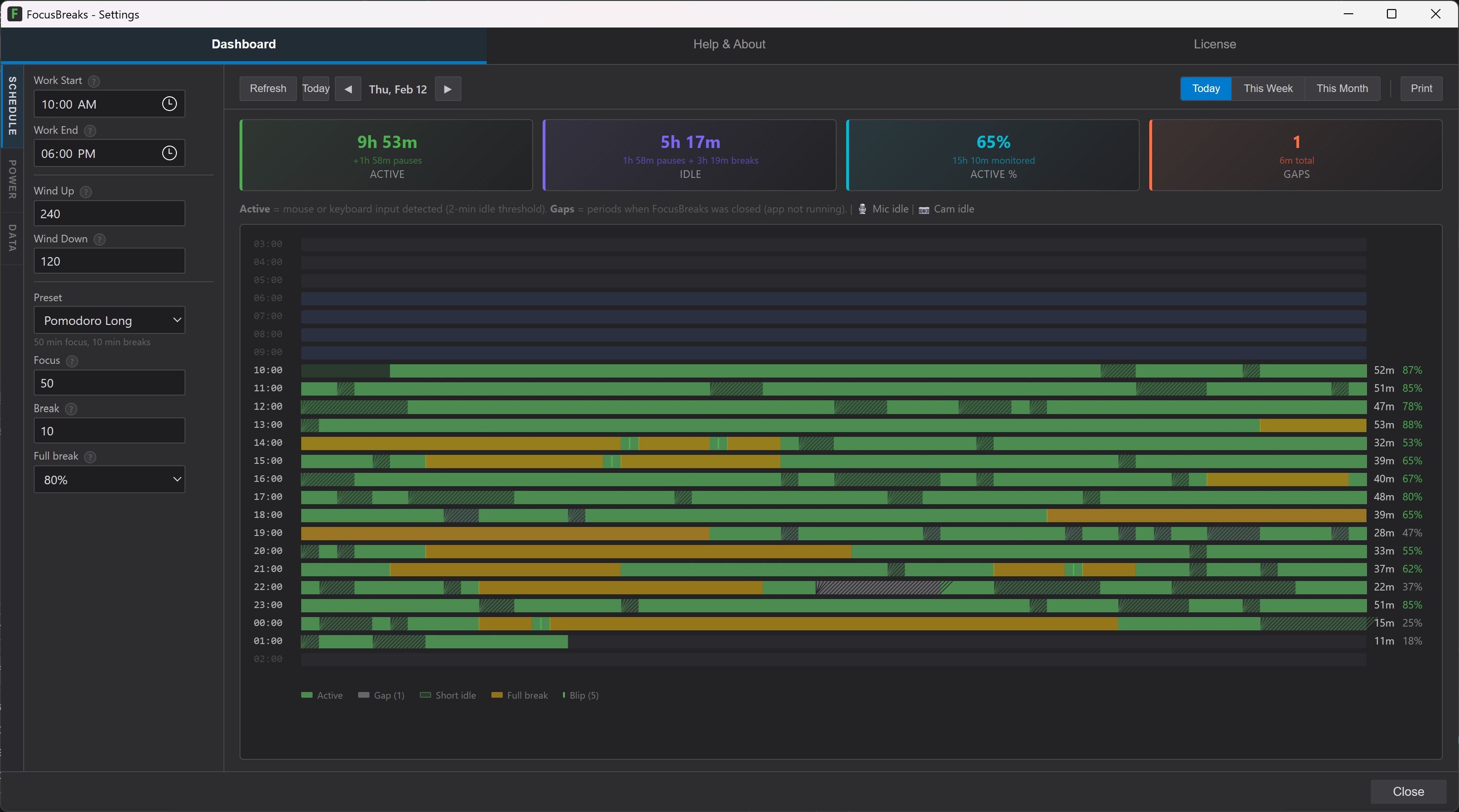FocusBreaks settings panel with schedule presets, focus and break duration controls