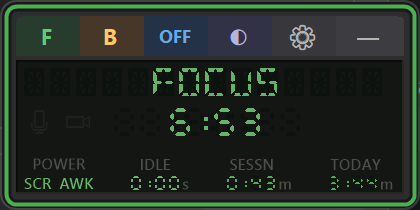 FocusBreaks desktop widget showing Focus mode with 6:53 remaining, session and daily stats